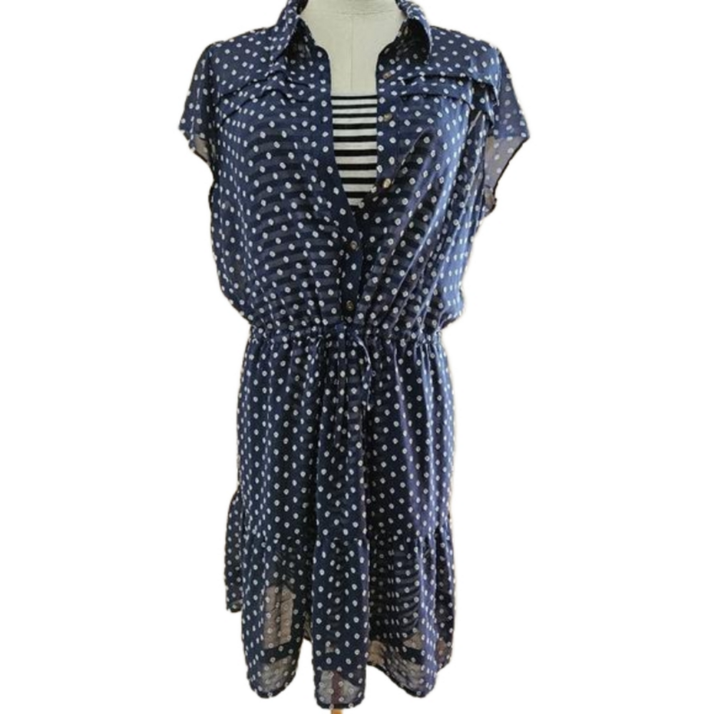Maison Jules Navy Blue Floral Chiffon Sheer Dress w/Striped Lining-Size Large